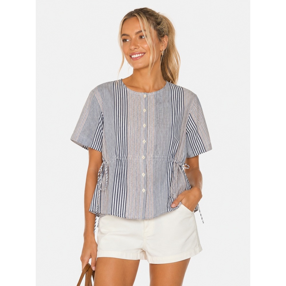 Madewell Cotton XS Blue White Striped Short Sleeve Button Down Drawstring Top